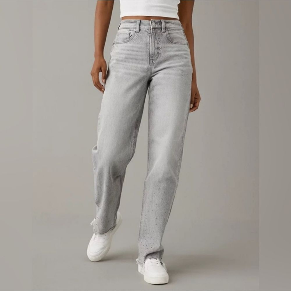 American Eagle Gray Super High Rise Baggy Straight Embellished Jeans - Size 2